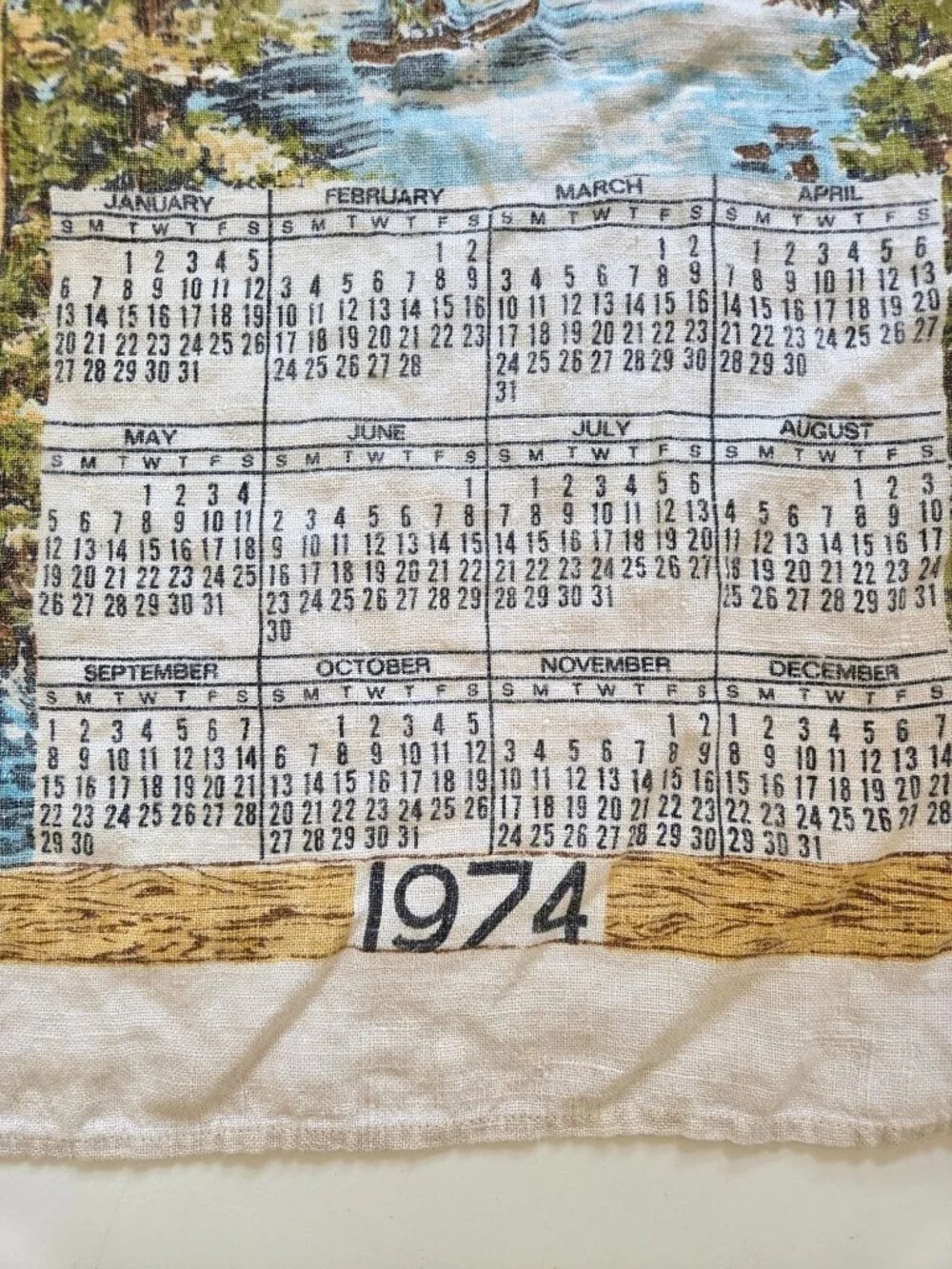 Vtg Linen Calendar Tea Towel 1974 Mountain Lake Scene Wall Hanging Cottage Core